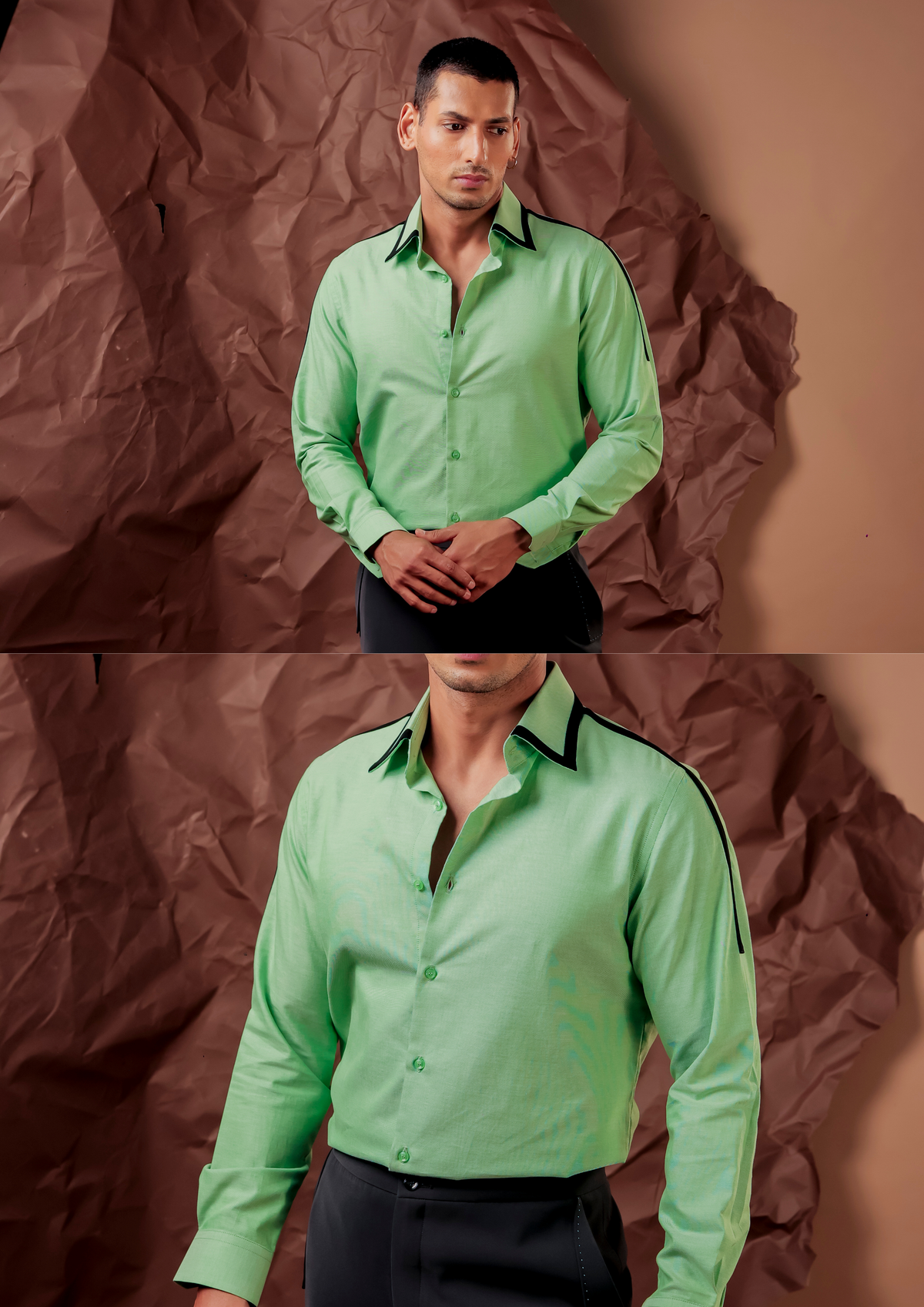 Man wearing HORD Stroke mint green shirt with black contrast collar, full body and detail collage