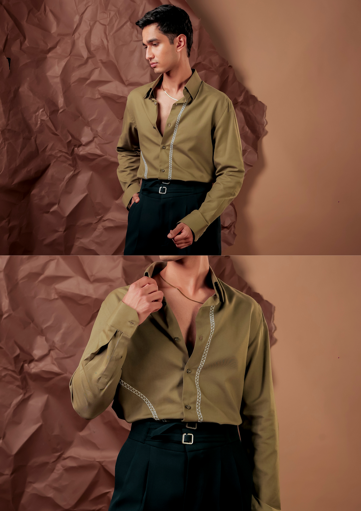 Close-up of HORD 4/7 shirt showing ivory zigzag hand embroidery on olive