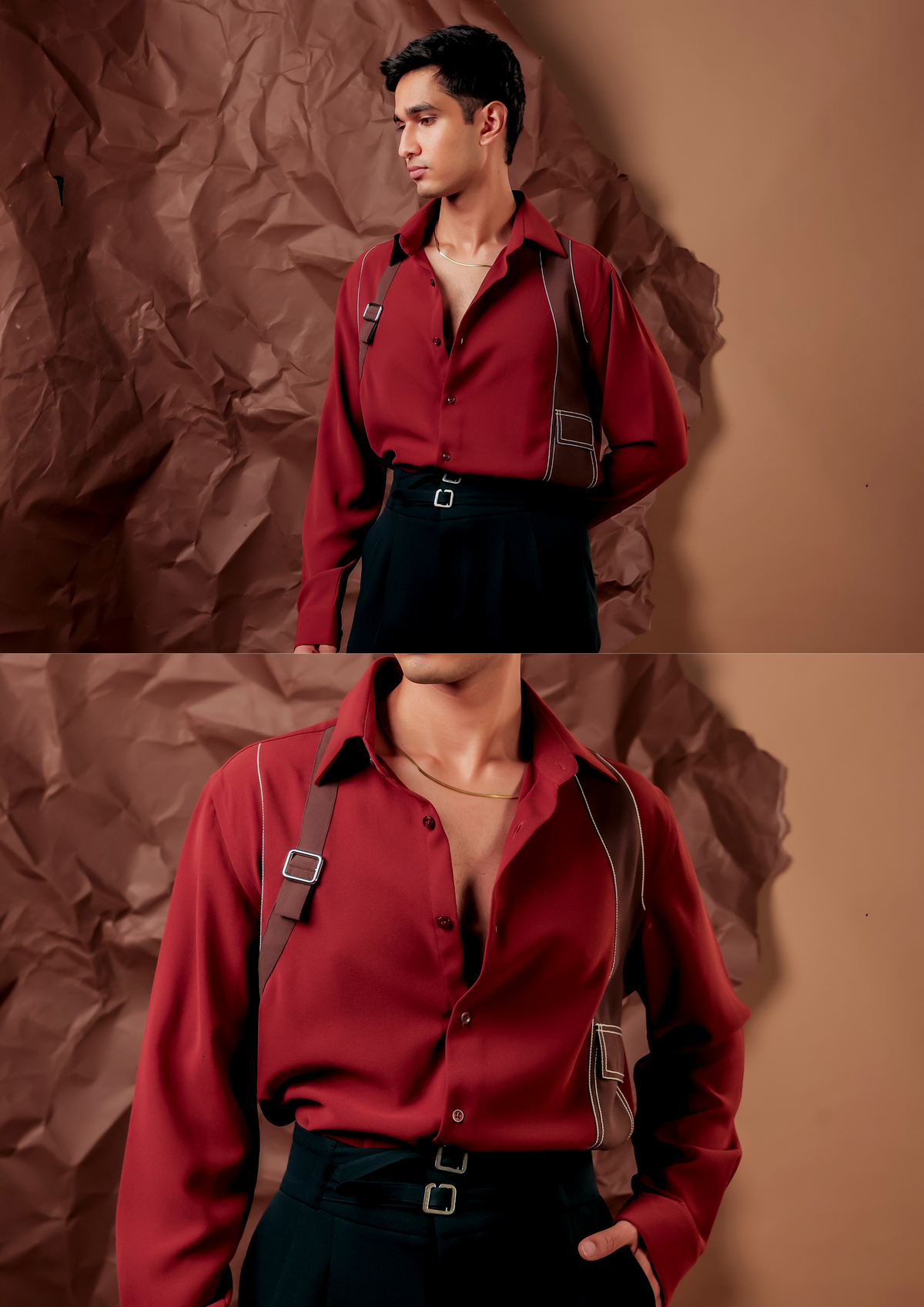 Man wearing HORD Armour Wine shirt in wine red with brown harness strap, full body and detail collage