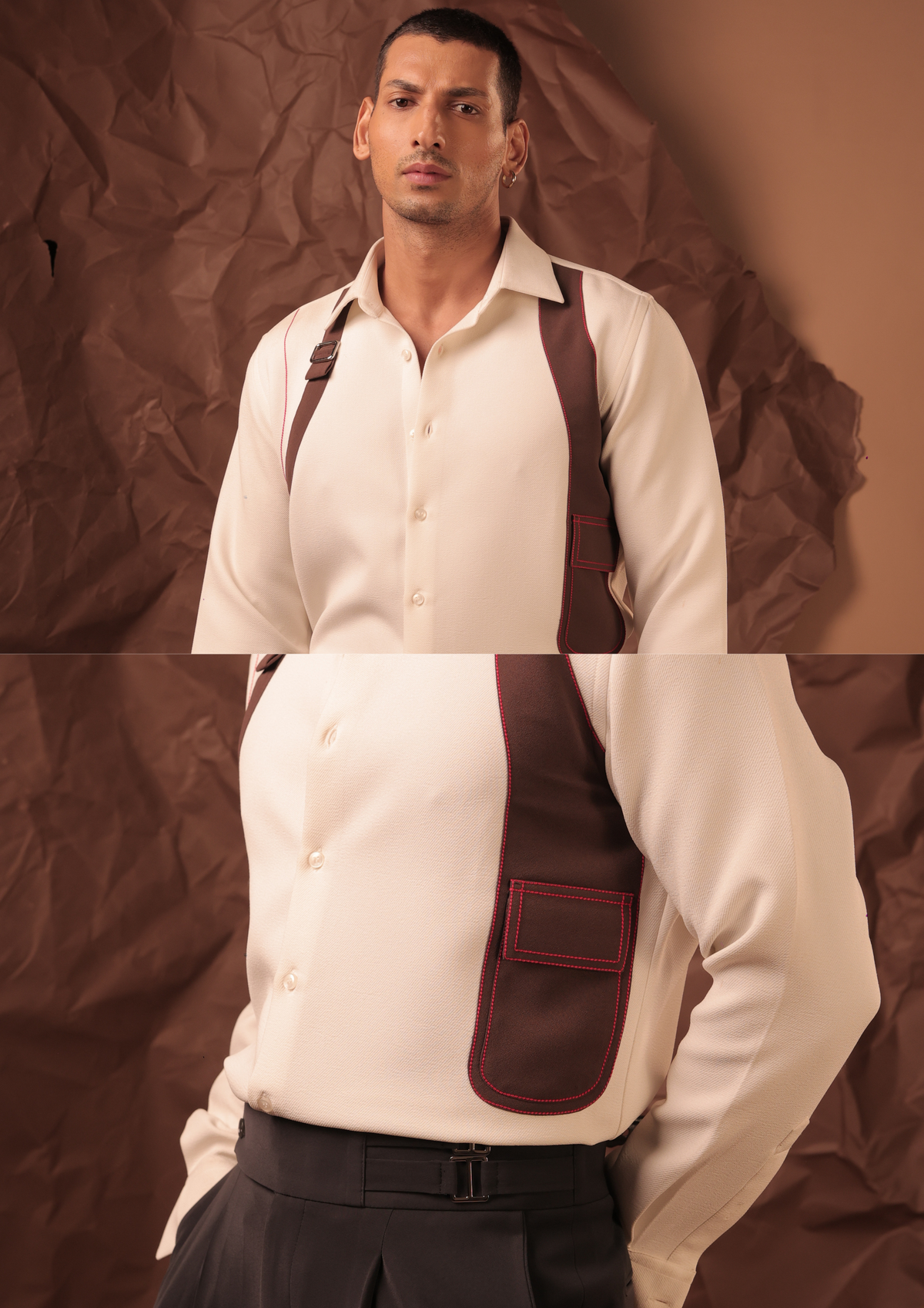 Man wearing HORD New Armour White shirt in ivory with brown harness strap, full body and detail collage