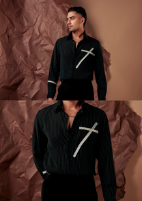 Man wearing HORD Bar Graph black pinstriped shirt with white crossing tape line pocket accent, full body and detail collage