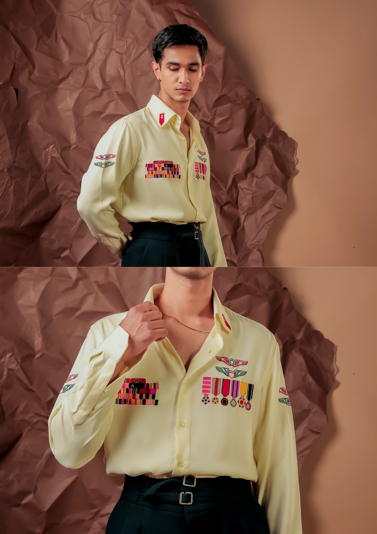 Man wearing HORD Decorated AF pale yellow shirt with colorful medal patches, full body and detail collage