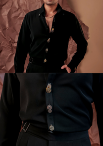 Man wearing HORD Khota Sikka Black shirt with vintage coin buttons, full body and detail collage