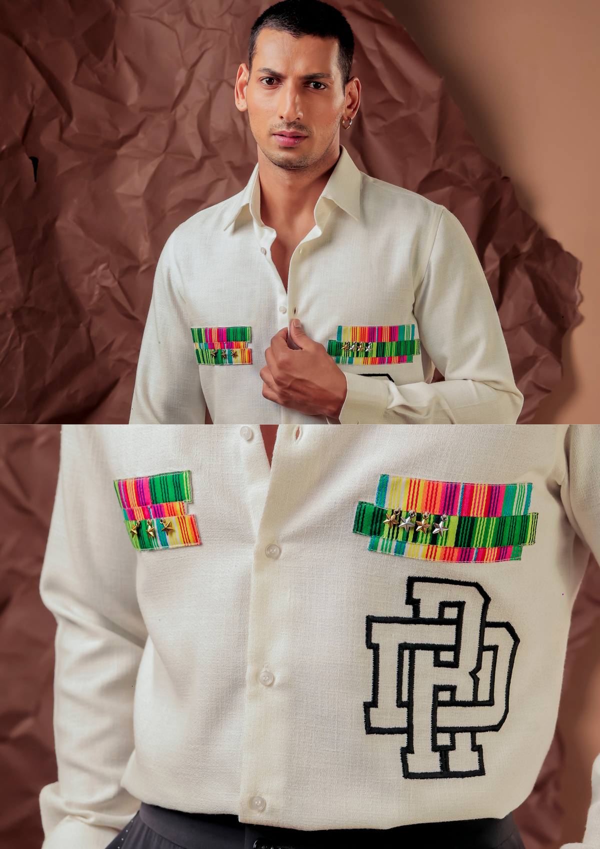 Close-up of HORD Rank and Prank shirt showing woven stripe pocket flaps with studs and black outline monogram