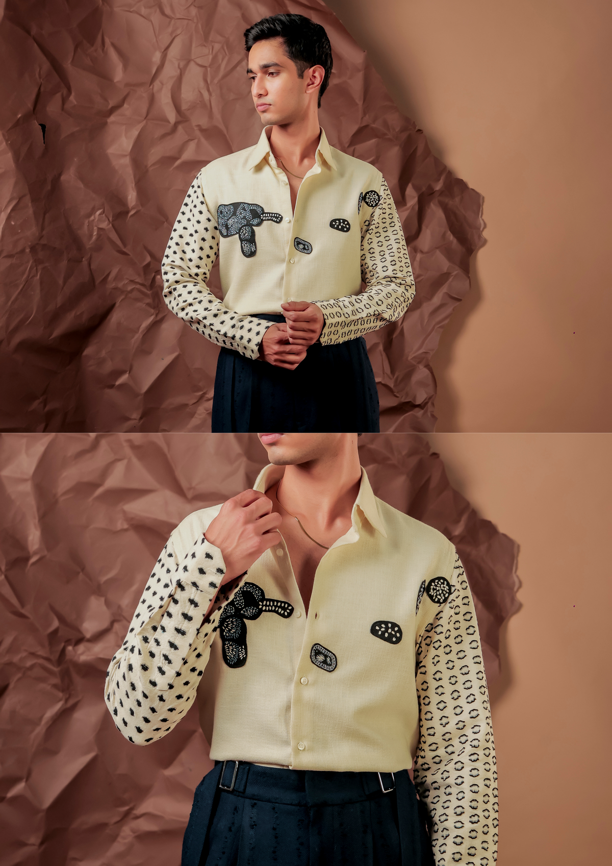 Close-up of HORD Tukda Tukda shirt showing monochrome printed sleeves and black kantha patches on cream
