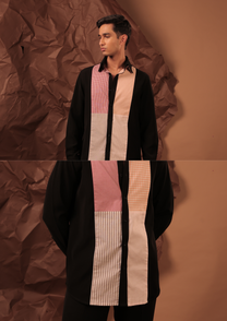 Man wearing HORD Detroit Pizza black shirt with mixed pattern patchwork panel, full body and detail collage