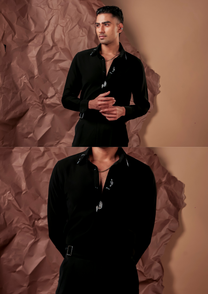 Man wearing HORD Animal Instinct Black shirt with embroidered motif, full body and detail collage