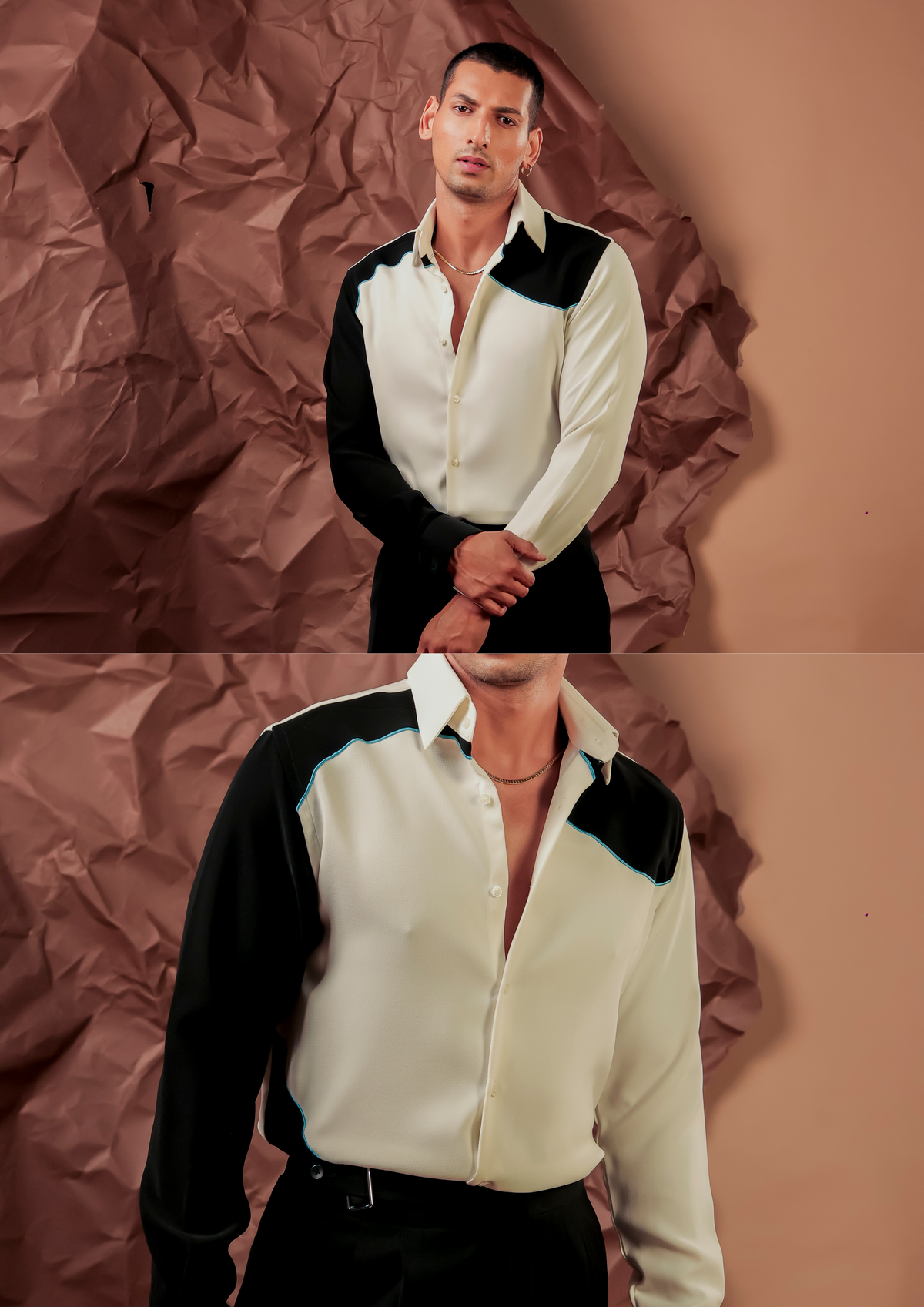 Man wearing HORD Movelo ivory and black diagonal colorblock shirt with teal piping, full body and detail collage