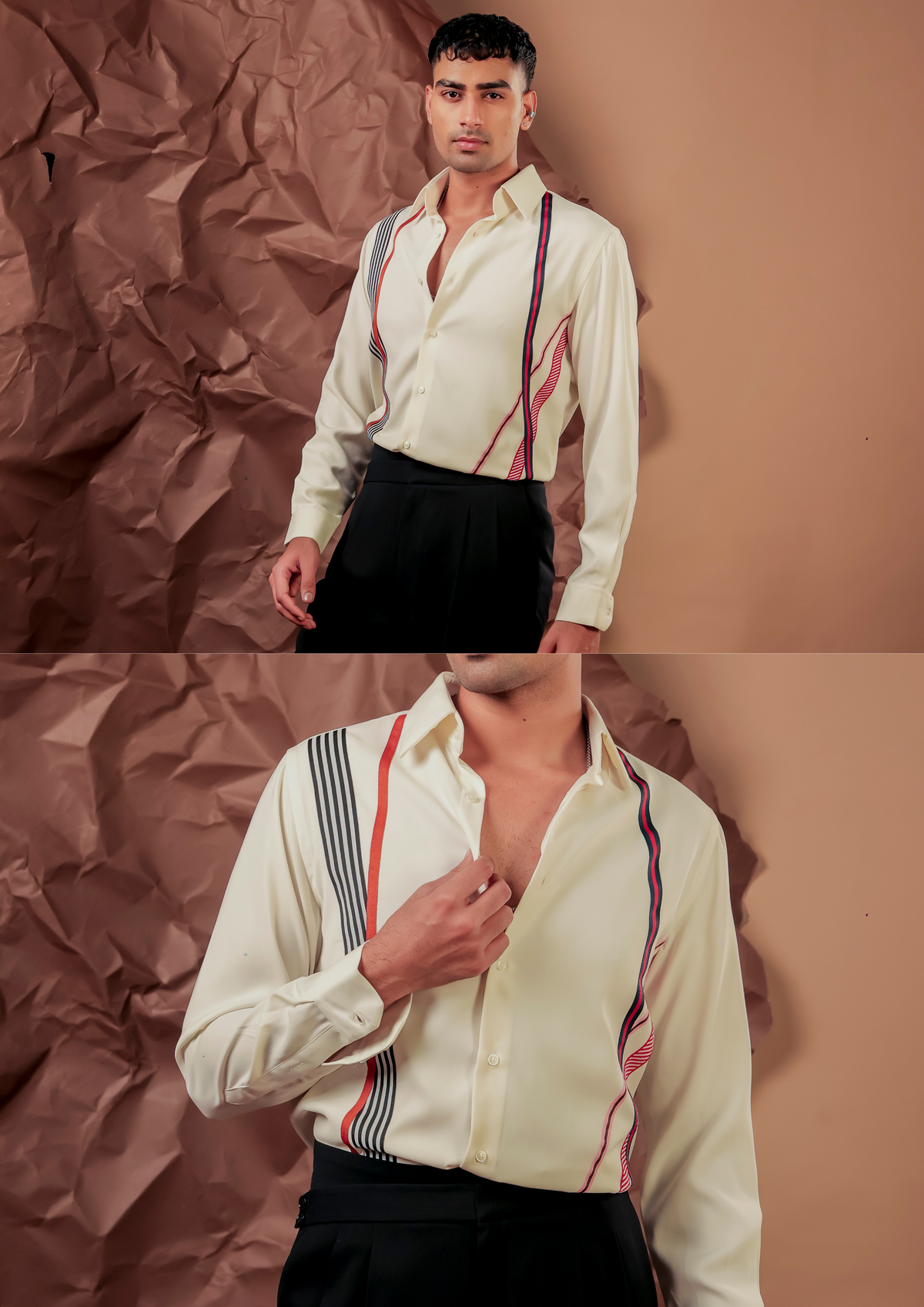 Man wearing HORD Peppins ivory shirt with multicolor diagonal ribbon stripe appliques, full body and detail collage