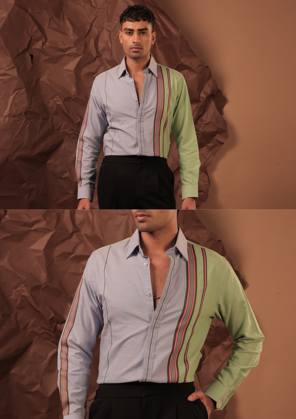 Man wearing HORD Mix Tape shirt in sky blue with mint sleeve and striped panel, full body and detail collage