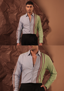 Man wearing HORD Mix Tape shirt in sky blue with mint sleeve and striped panel, full body and detail collage