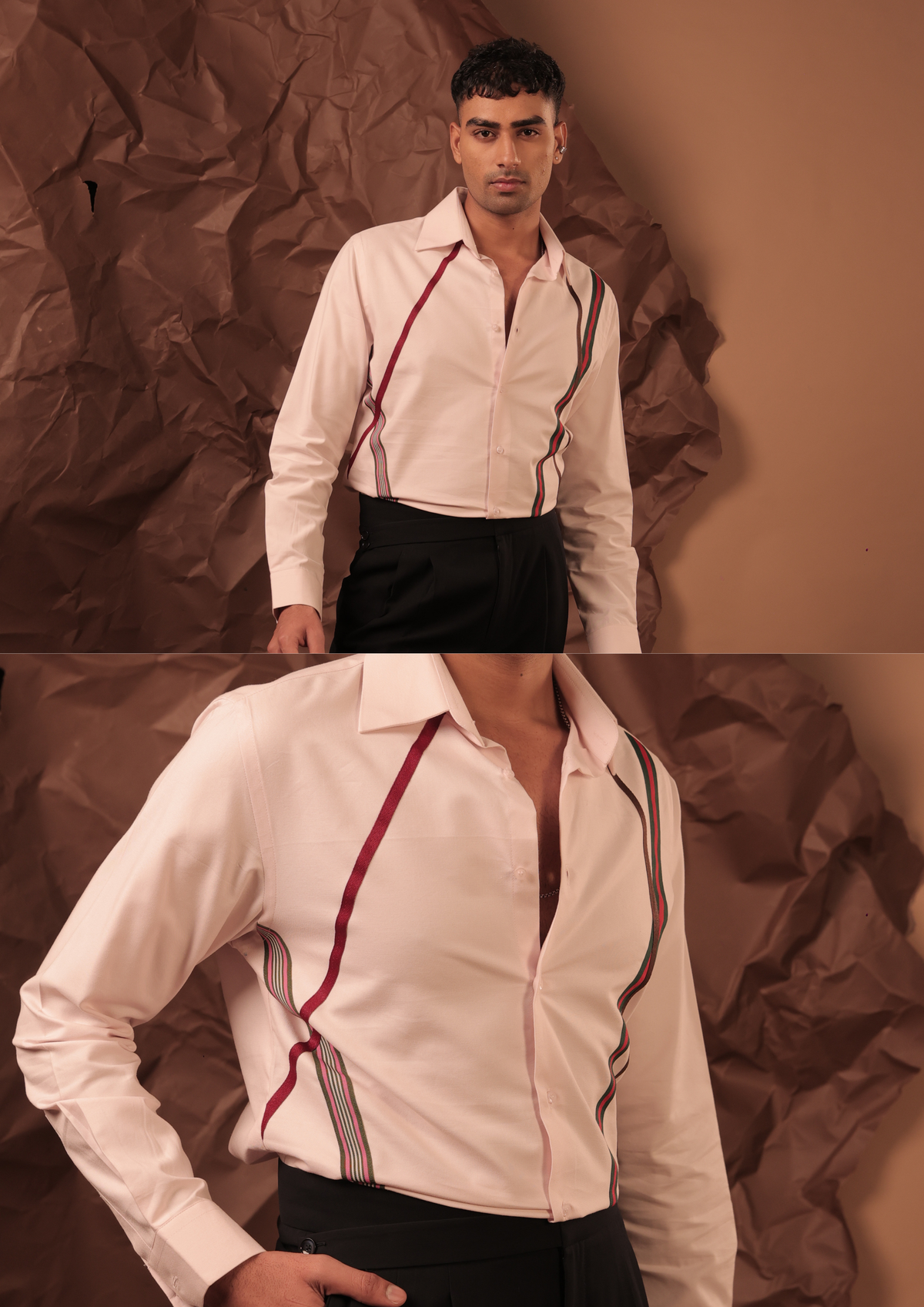 Man wearing HORD Skittles pale pink shirt with red black and white diagonal ribbon appliques, full body and detail collage