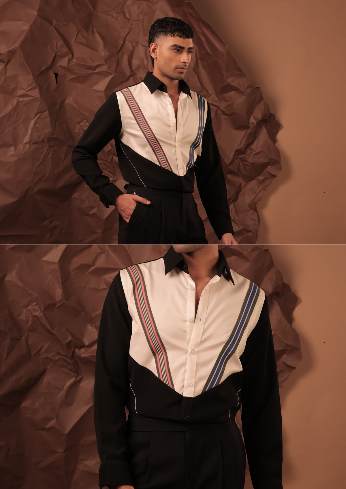 Man wearing HORD Double Tape shirt in black and ivory with diagonal stripe panel, full body and detail collage