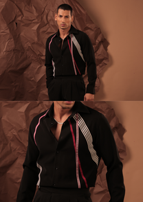Man wearing HORD Jolly Rancher black shirt with pink white and black diagonal ribbon appliques, full body and detail collage