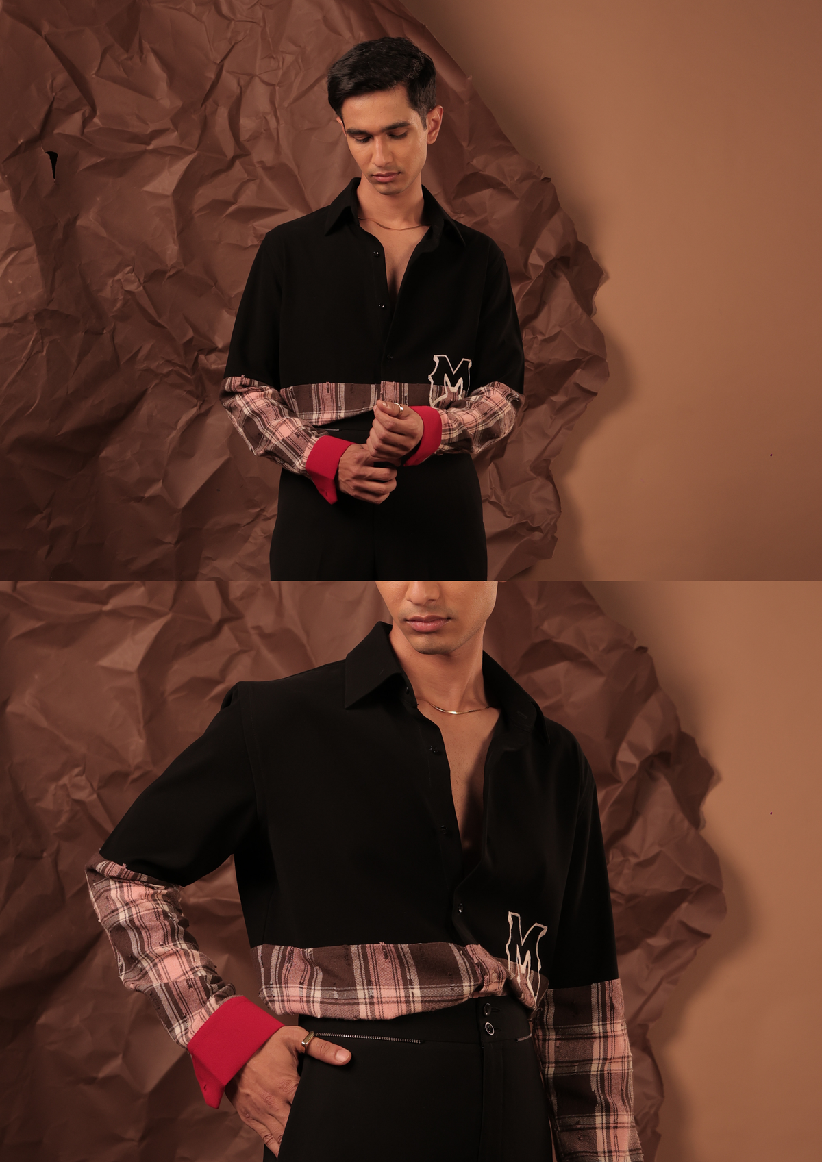 Man wearing HORD Krack Jack black shirt with plaid cuffs and crown emblem, full body and detail collage