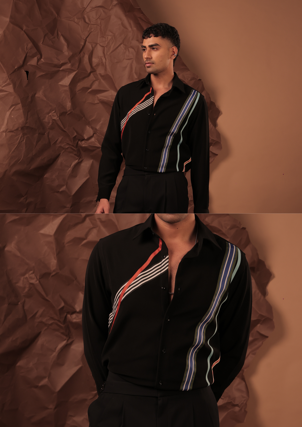 Man wearing HORD Sour Punk black shirt with red white and mint diagonal ribbon appliques, full body and detail collage