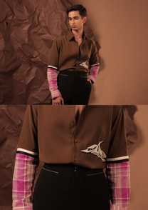 Man wearing HORD Kaat Koot brown shirt with pink plaid cuffs and fox emblem, full body and detail collage
