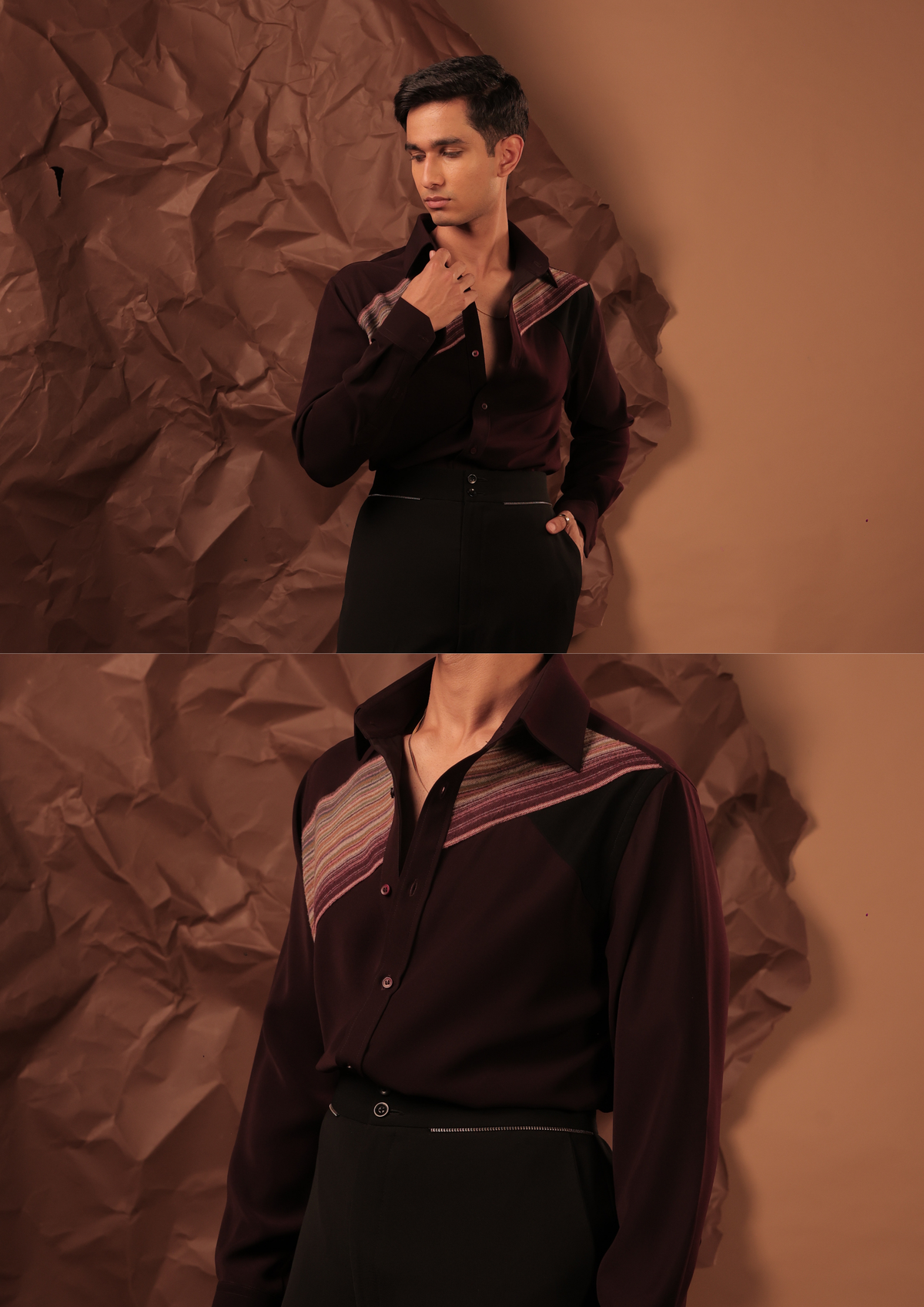 Close-up of HORD Perpendicular shirt showing diagonal striped yoke panel on deep wine
