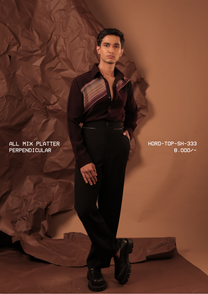 Man wearing HORD Perpendicular wine shirt with multicolour striped chevron yoke, full-length studio shot