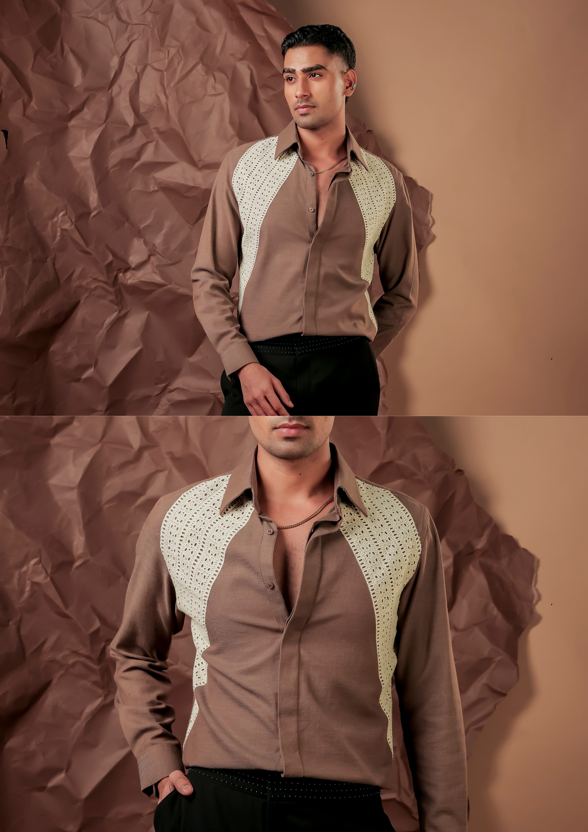 Man wearing HORD Lace Almighty taupe shirt with ivory lace shoulder panels, full body and detail collage