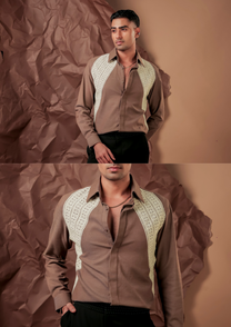 Man wearing HORD Lace Almighty taupe shirt with ivory lace shoulder panels, full body and detail collage