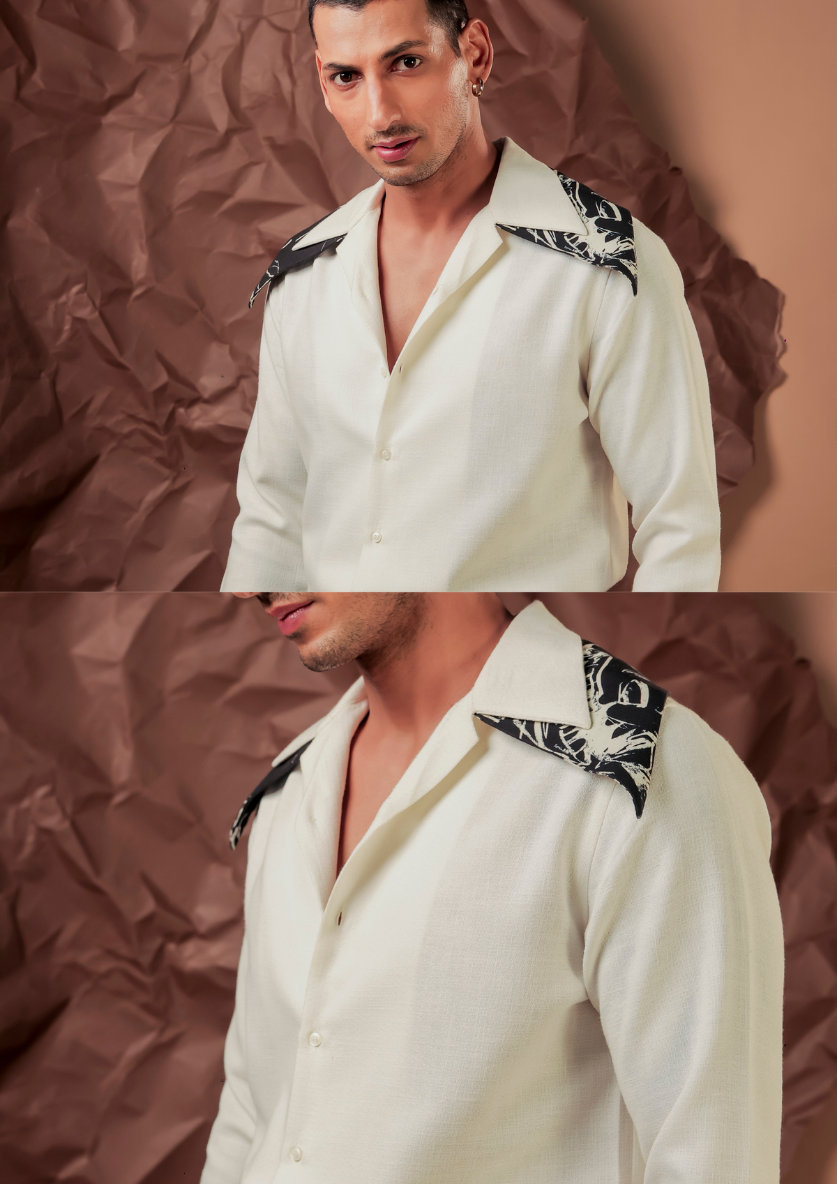 Man wearing HORD Extended Warranty White ivory camp collar shirt with black tropical leaf print collar, full body and detail collage