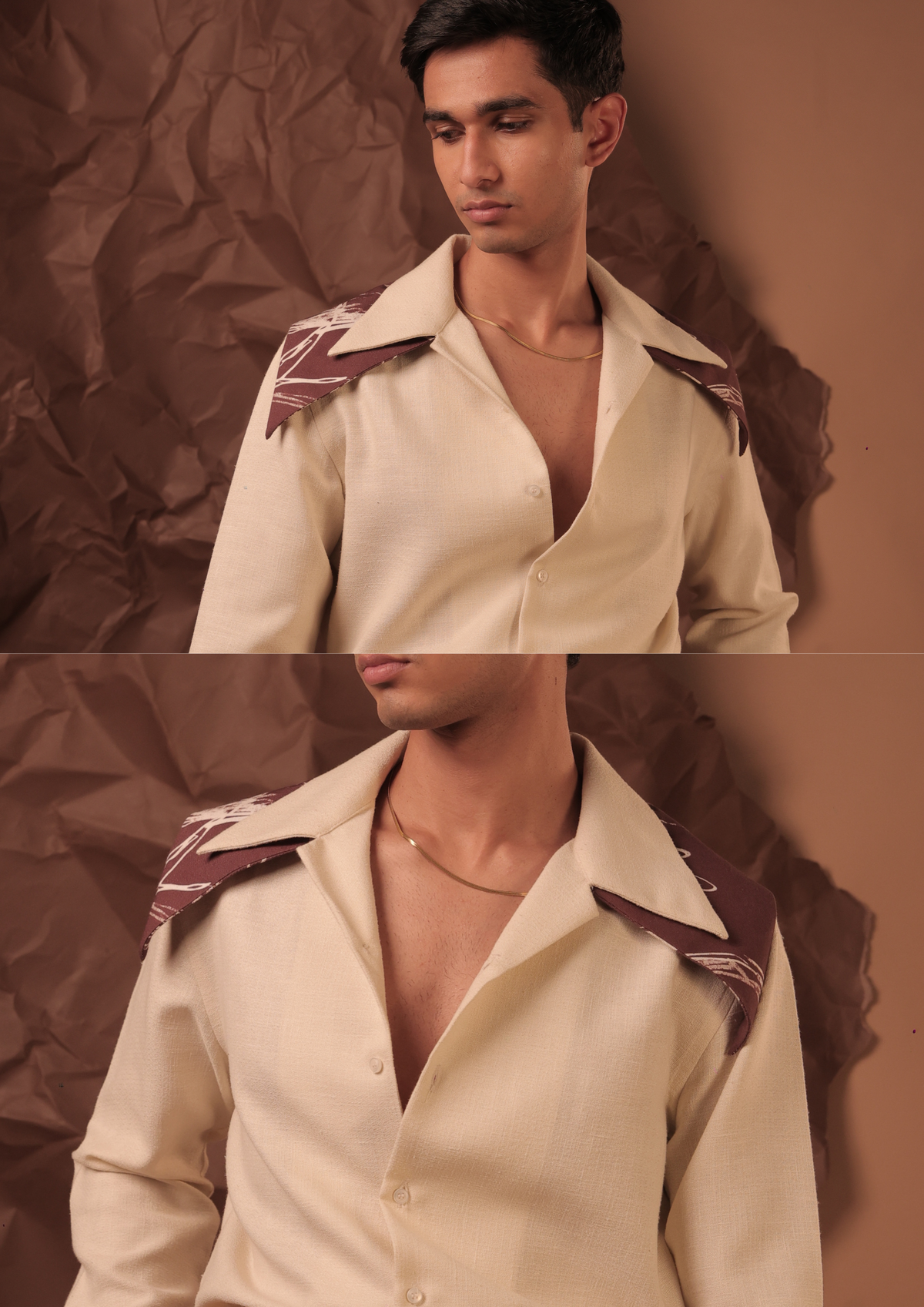 Man wearing HORD Extended Warranty Off White camp collar shirt with maroon geometric print collar, full body and detail collage