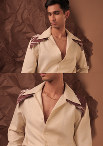 Man wearing HORD Extended Warranty Off White camp collar shirt with maroon geometric print collar, full body and detail collage