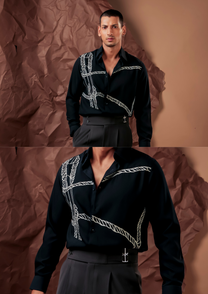 Close-up of HORD Cheap Thrils shirt showing braided rope print across black