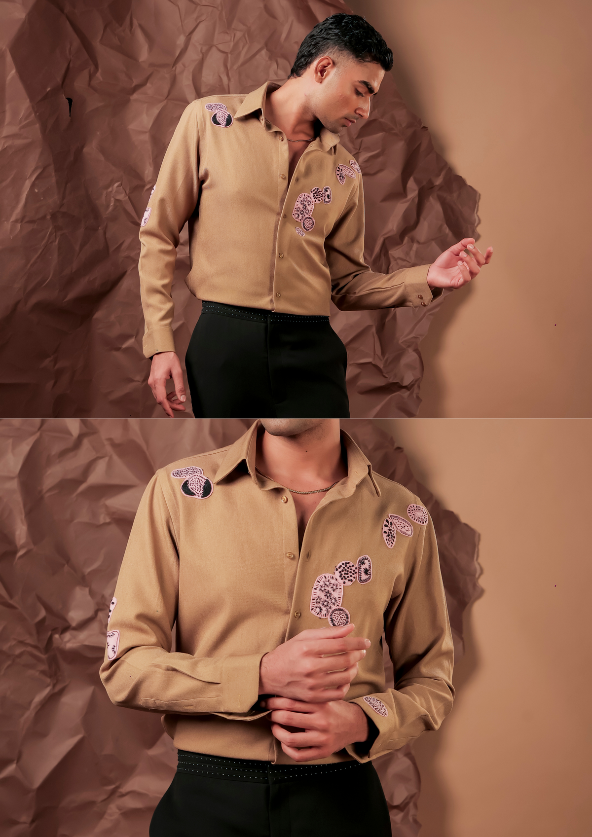 Close-up of HORD May Be shirt showing lilac embroidered motifs on camel