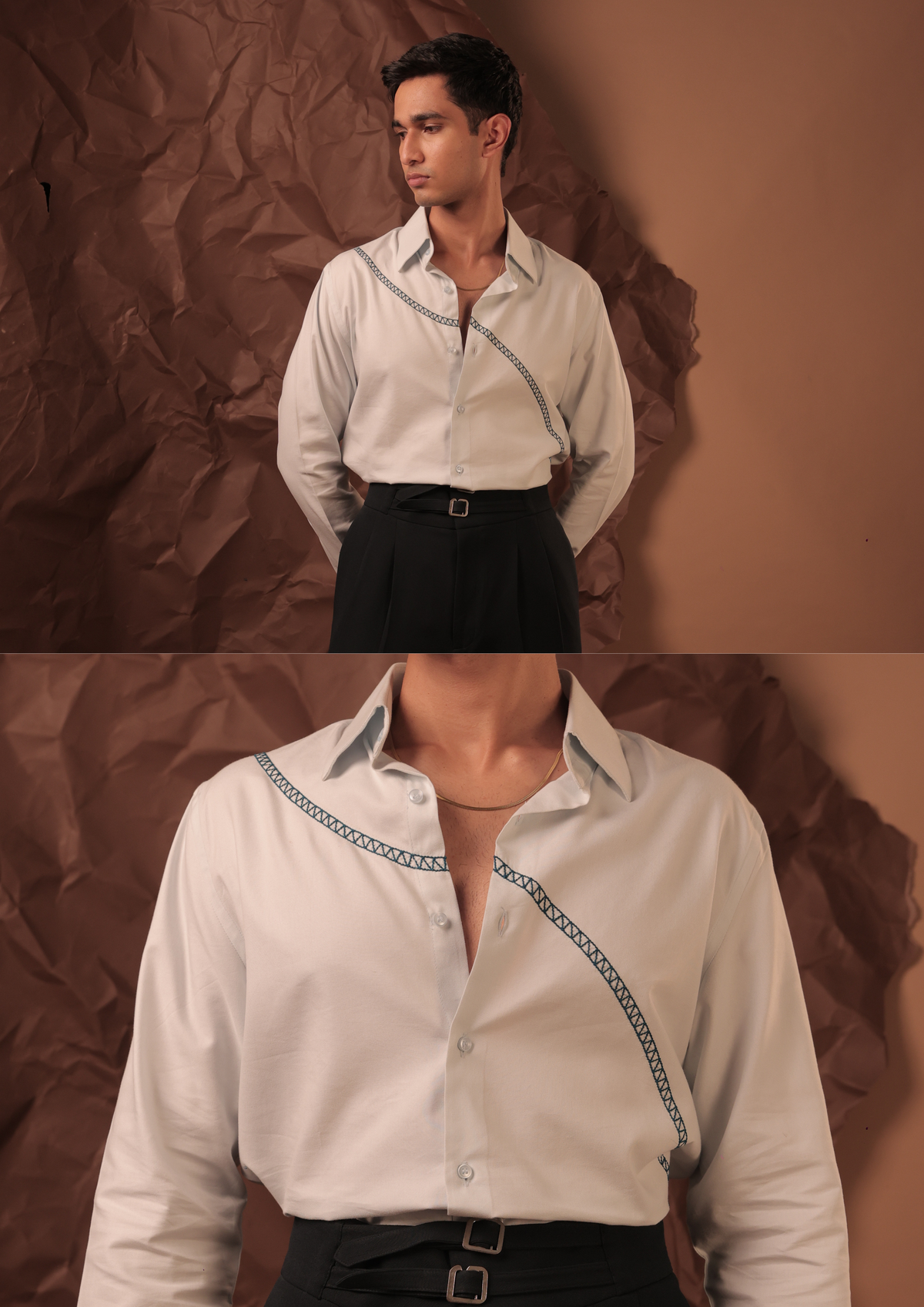 Close-up of HORD 3/7 shirt showing navy zigzag hand embroidery across pale grey chest