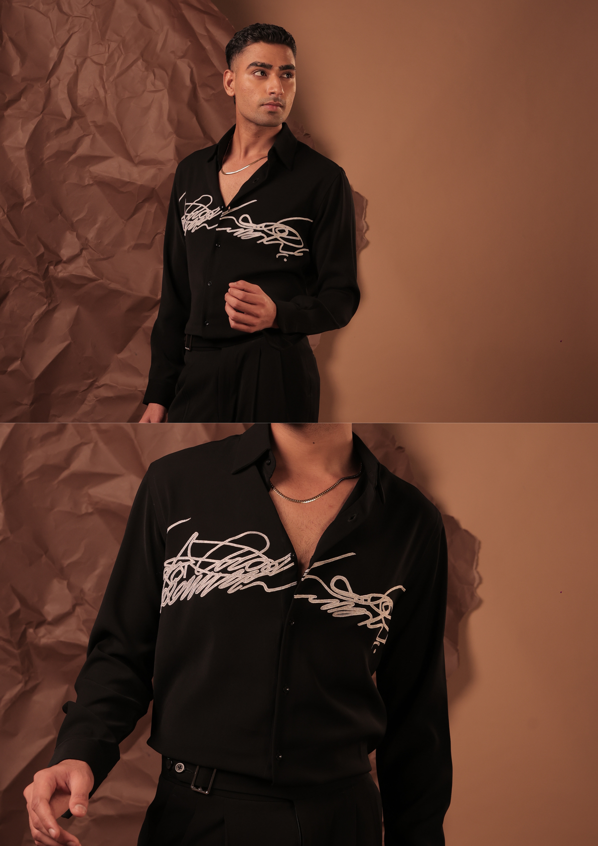 Man wearing HORD Yours Truly black shirt with white cursive script print, full body and detail collage