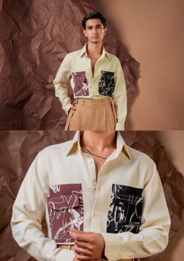 Man wearing HORD Double Trouble pale yellow shirt with maroon and black graffiti print pockets, full body and detail collage