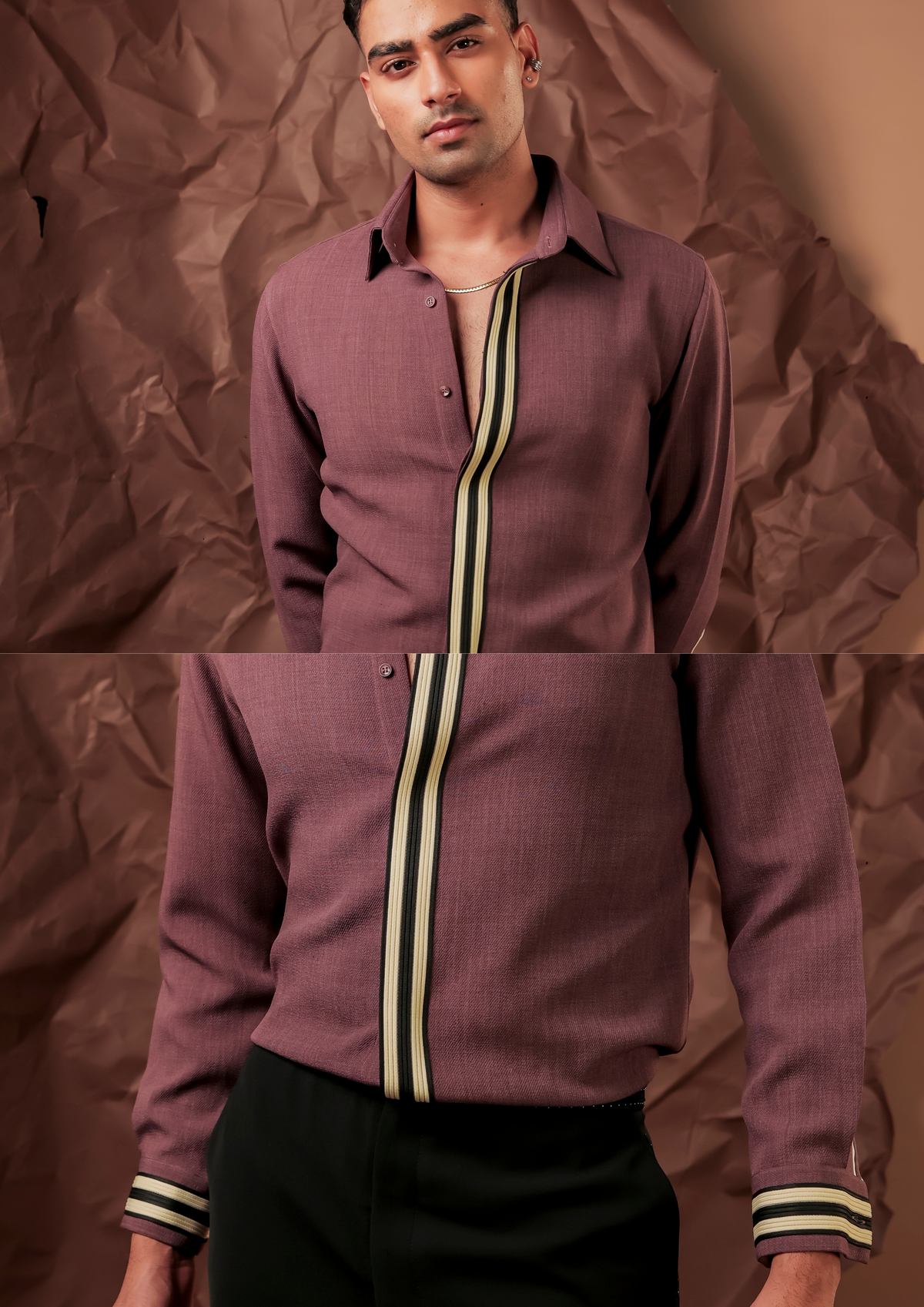 Man wearing HORD Pink Slip mauve shirt with striped placket, full body and detail collage