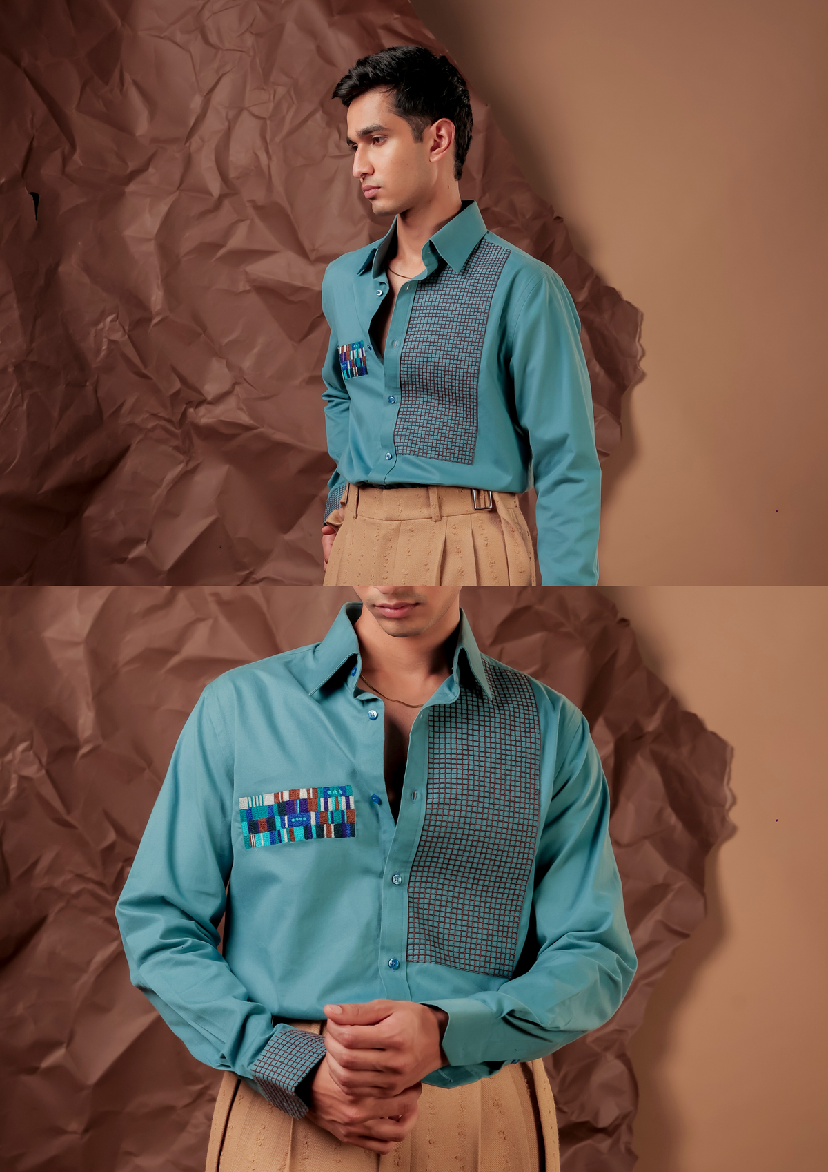 Close-up of HORD Meshmerize Panel Cobalt shirt showing check panel, multicolour woven patch and check cuff