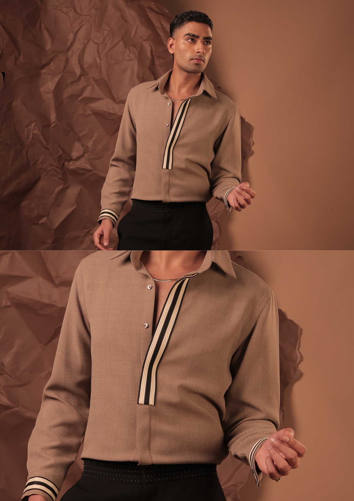 Man wearing HORD Middle Stump camel shirt with striped placket, full body and detail collage