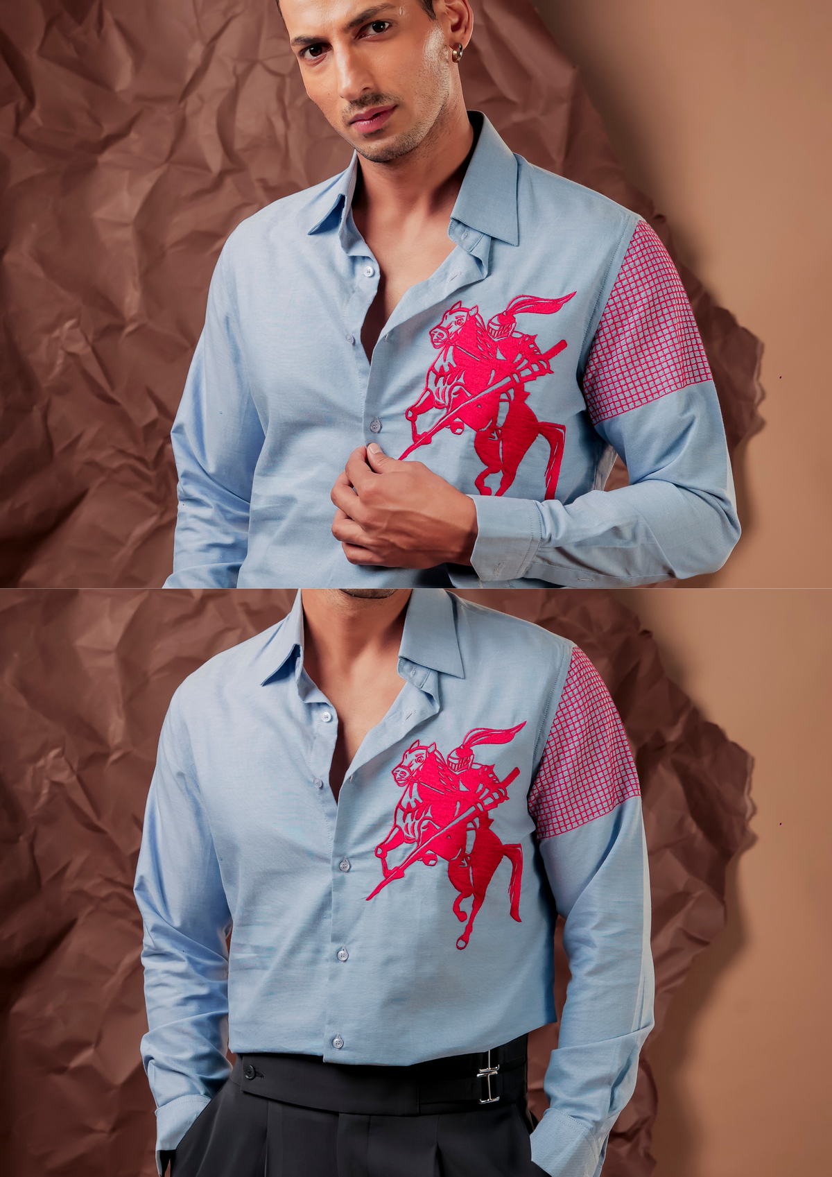 Close-up of HORD Mini Meshmerize shirt showing red horseman embroidery and pink check shoulder panel