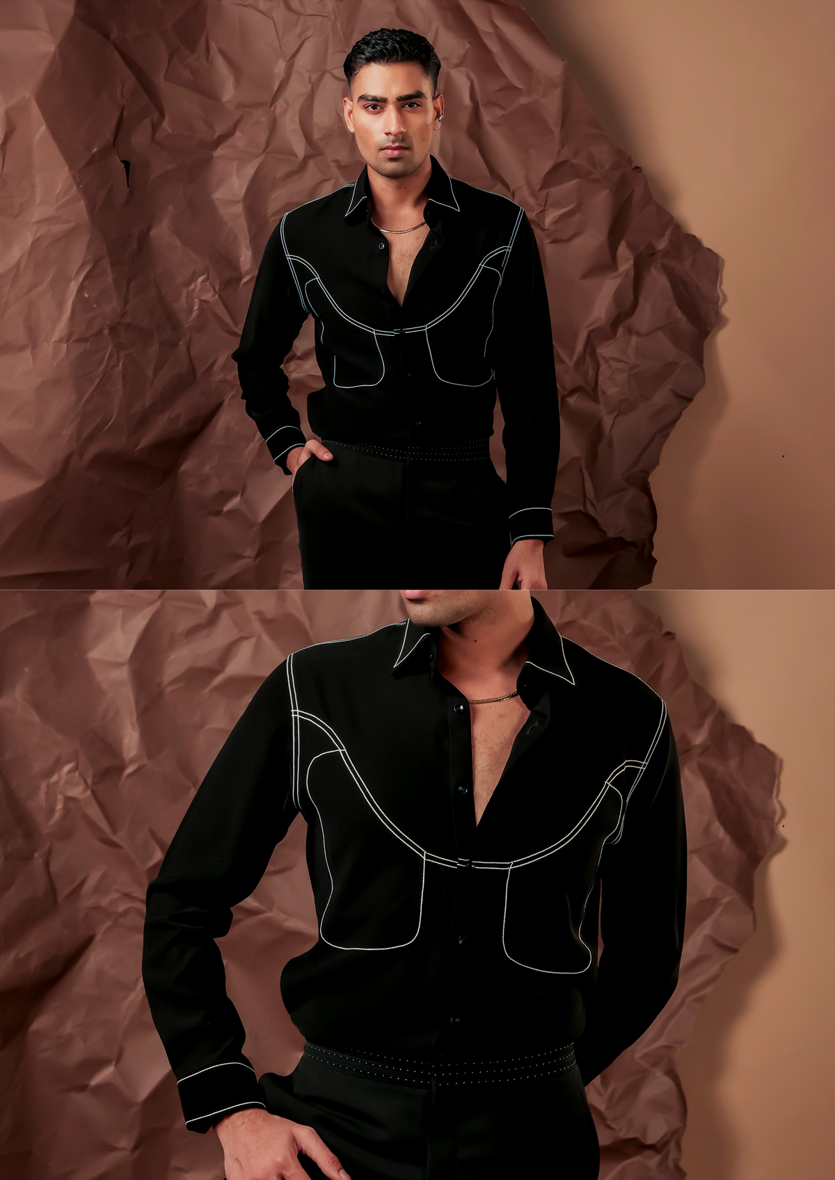 Man wearing HORD Cowboy black shirt with cream contrast piping and western yoke, full body and detail collage