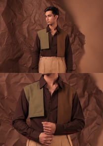 Close-up of HORD Brown and Bravo shirt showing layered olive and tobacco panels over chocolate brown