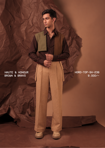 Man wearing HORD Brown and Bravo chocolate shirt with olive and tobacco front panels, styled with beige trousers