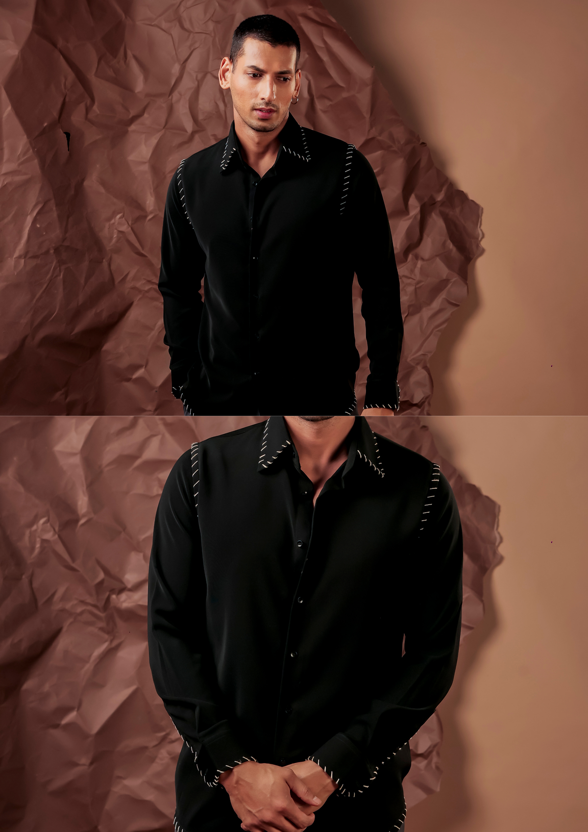 Man wearing HORD The Loop Hole black shirt with cream contrast loop stitching, full body and detail collage