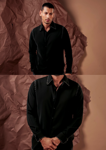Man wearing HORD The Loop Hole black shirt with cream contrast loop stitching, full body and detail collage