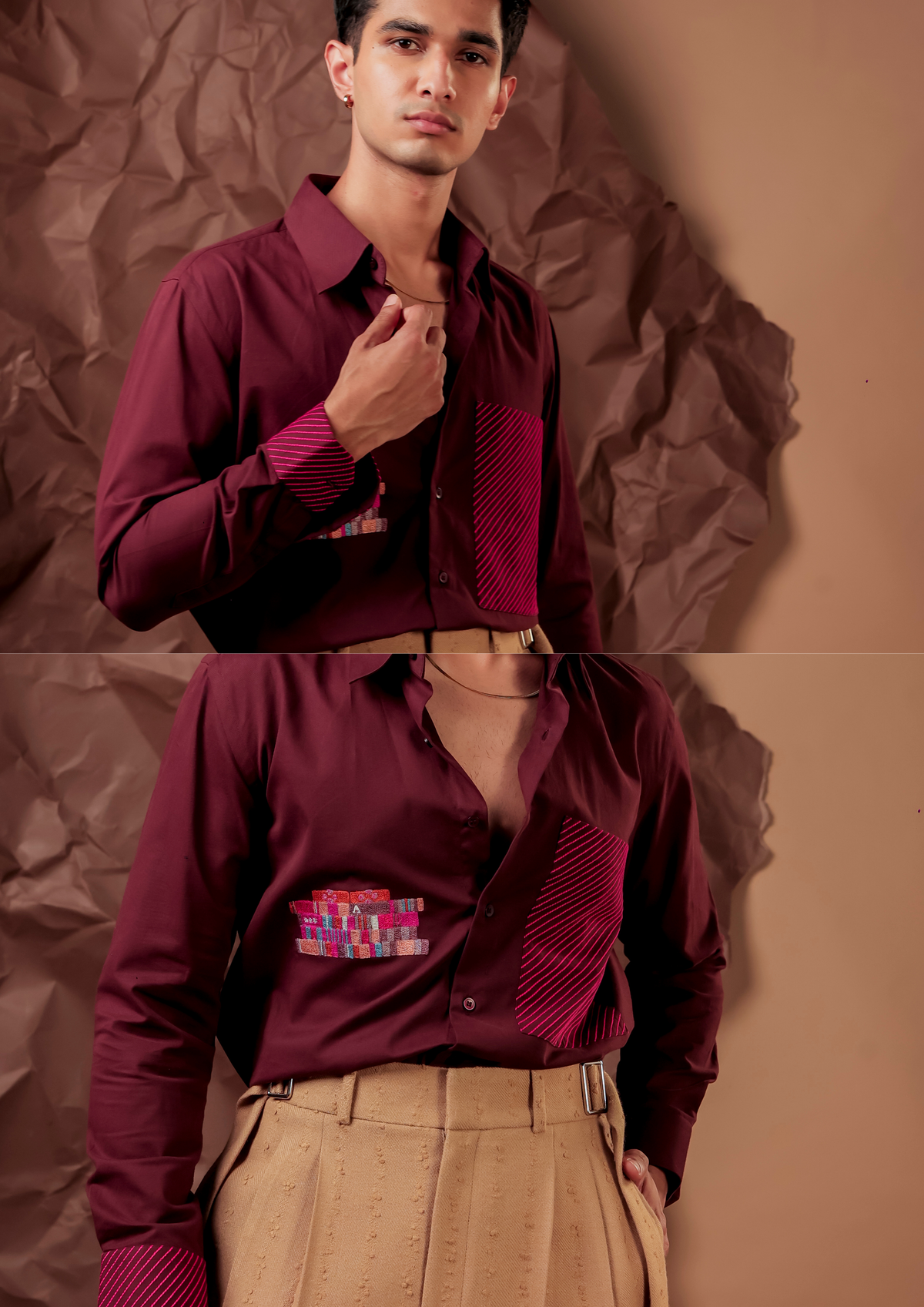 Close-up of HORD Meshmerize Panel Maroon shirt showing tonal panel, woven patch and striped cuff