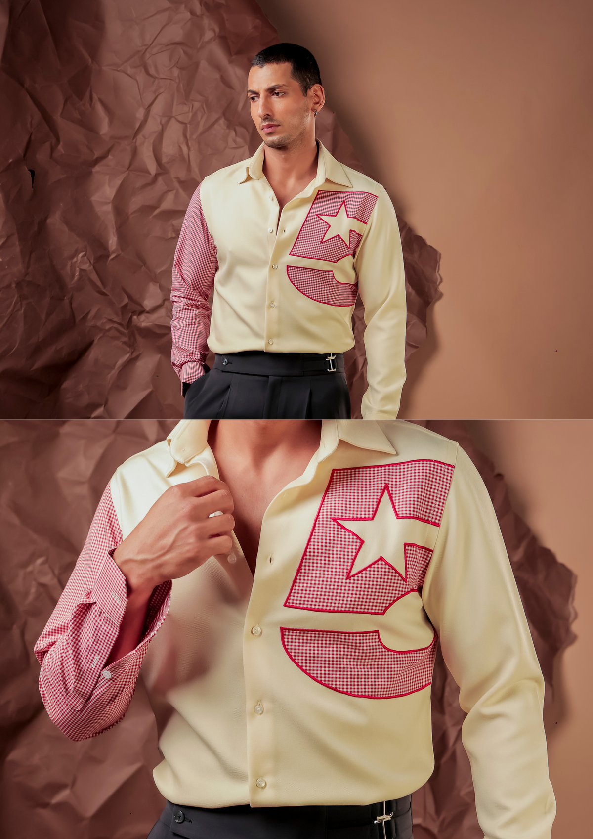 Man wearing HORD Ramesh Suresh butter yellow shirt with pink gingham varsity patch, full body and detail collage