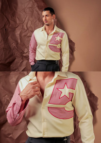 Man wearing HORD Ramesh Suresh butter yellow shirt with pink gingham varsity patch, full body and detail collage