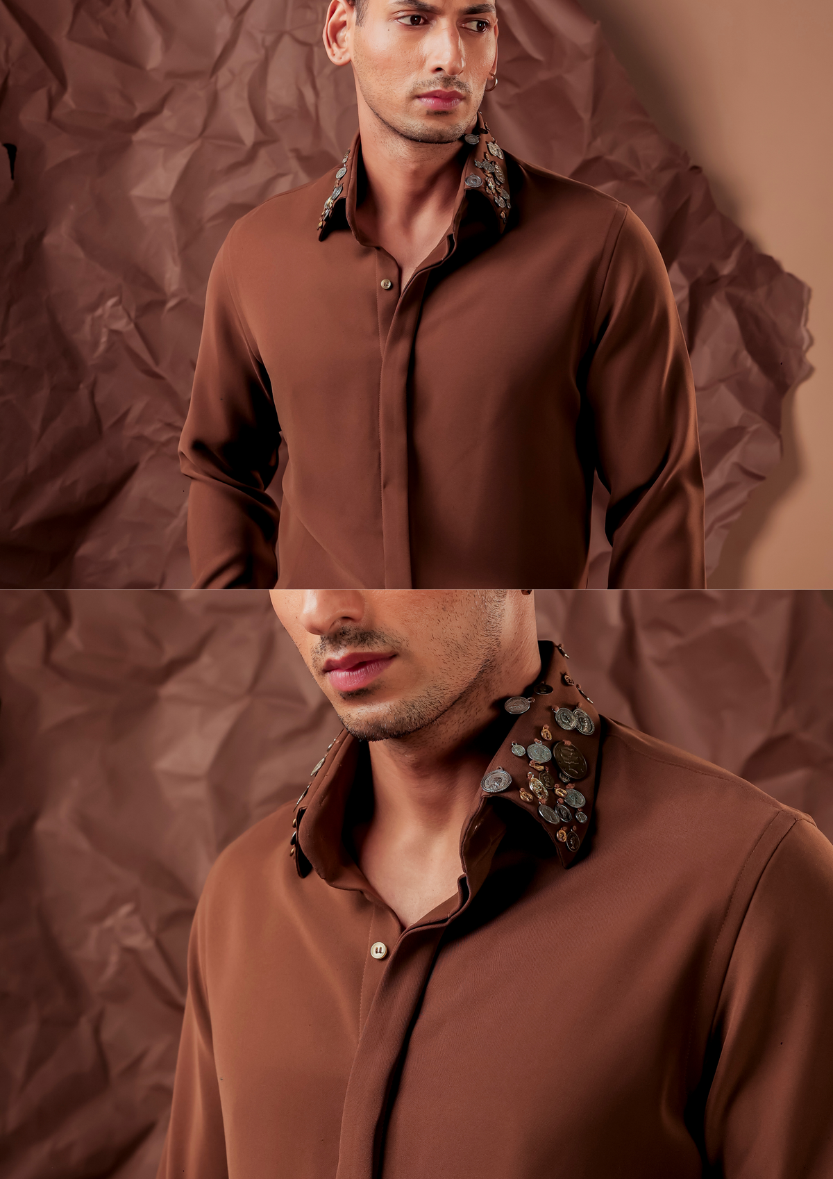 Close-up of HORD Buttalion shirt collar covered in clustered antique metal buttons
