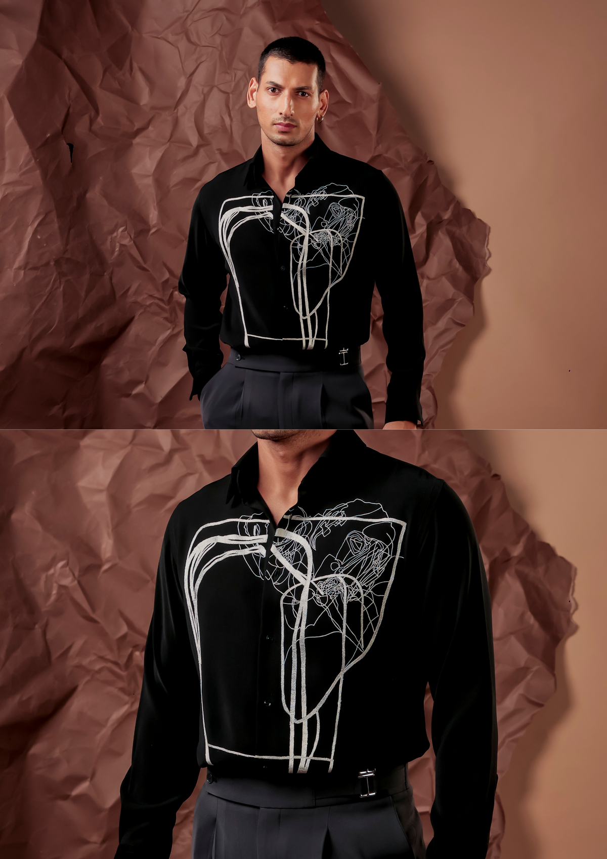 Man wearing HORD In The Name Of Modern Art black shirt with white line-art print, full body and detail collage