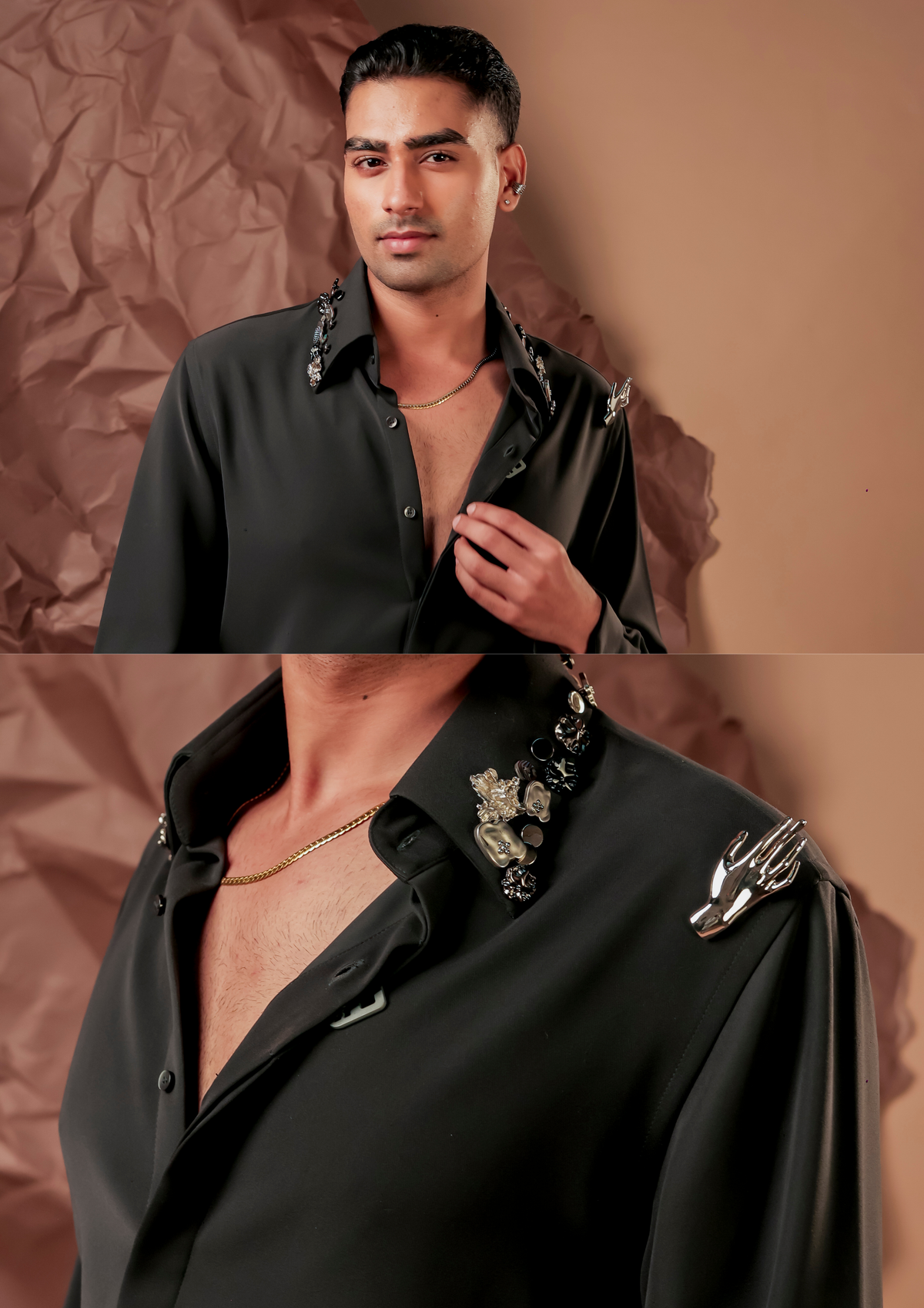 Man wearing HORD The Steel Collar black shirt with silver embellished collar, full body and detail collage