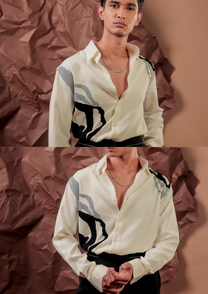 Man wearing HORD Two Tone ivory shirt with black and grey abstract watercolor print, full body and detail collage