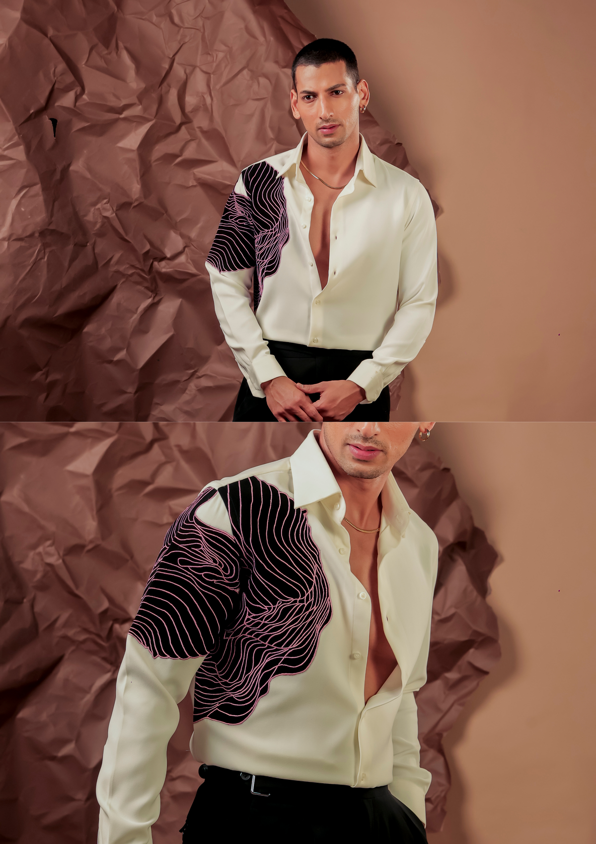 Man wearing HORD Fake Tracie ivory shirt with topographic line abstract print, full body and detail collage